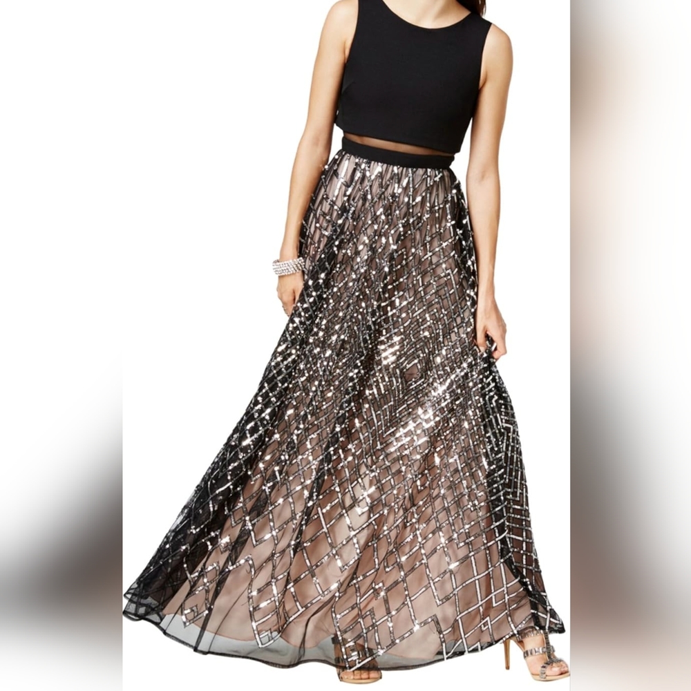 Silver Pink  Sequin Maxi Dress Juniors Prom
